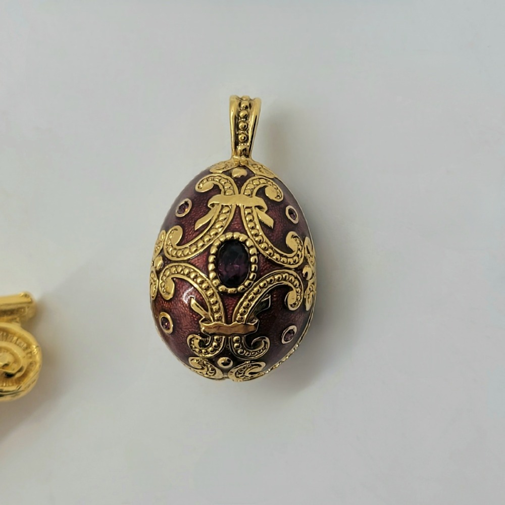 Joan Rivers Burgundy Enamel Faberge Style Egg Pendant Purple Gold Tone Stand